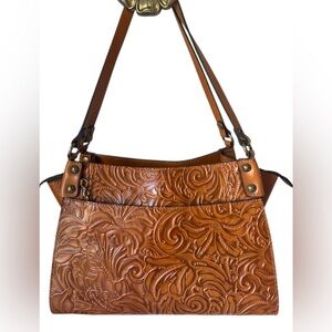 Patricia Nash leather tooled shoulder bag tote burnished design cognac color